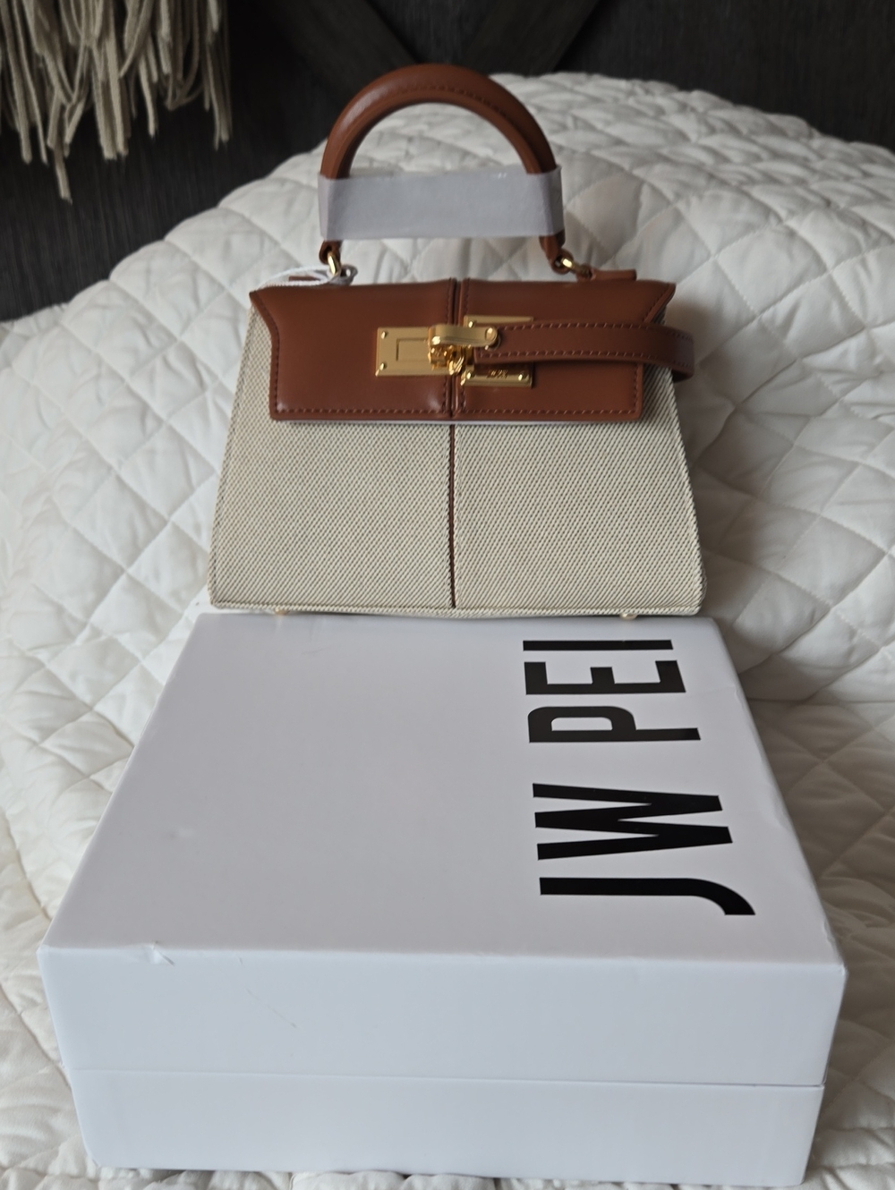 JW PEI Cream Canvas and Brown Vegan Leather Satchel